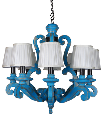 Online India Home Interior Luxury Decorative Fancy Light - Emerald Chandelier Light - Country-Style Distressed Blue 28 Inch Wide 8-Light Wooden Ceiling Chandelier Light With White Pleated Fabric Shades