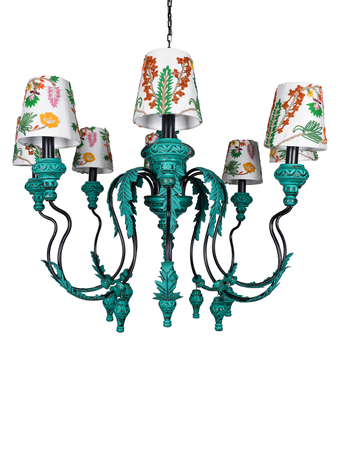 Online India Home Interior Luxury Decorative Fancy Light - Emerald Chandelier Light - Emerald Green Distressed Wooden 8-Light Ceiling Chandelier with 6 Inch Floral Embroidery White Fabric Shades