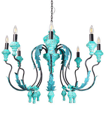 Online India Home Interior Luxury Decorative Fancy Light - Emerald Chandelier Light - Emerald Green Distressed Wooden 8 Light Chandelier