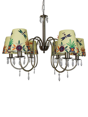 Online India Home Interior Luxury Decorative Fancy Light - Emerald Chandelier Light - Elegant 6 Light Antique Brass Crystal Chandelier With Exquisite Embroidered Yellow Fabric Shades