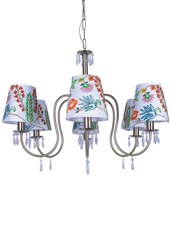 Online India Home Interior Luxury Decorative Fancy Light - Emerald Chandelier Light - Elegant 6 Light Antique Brass Crystal Chandelier With Exquisite Embroidered White Fabric Shades
