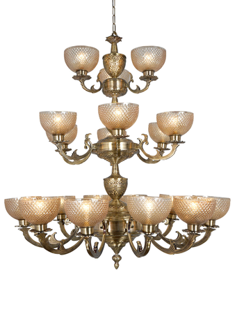 Online India Home Interior Luxury Decorative Fancy Light - Emerald Chandelier Light - Traditional Meena Aluminium 21 Lights 3 Step Chandelier in Antique Brass Finish and Golden Cut Glass Textured Glass Shade for Foyer, Entrance, Hotels