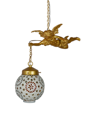 Online India Home Interior Luxury Decorative Fancy Light - Emerald Pendant n Hanging Light - Cast Aluminium Gilded Cherub Antique Single Light Ceiling Hanging With Tilak Mosaic Glass Shades