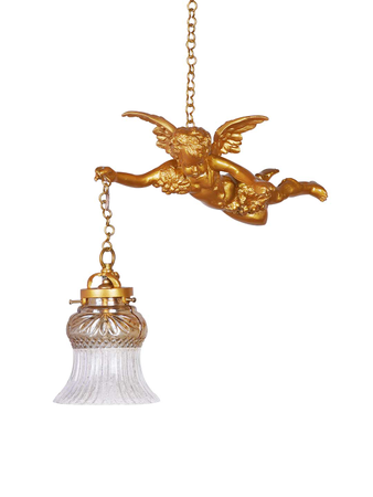 Online India Home Interior Luxury Decorative Fancy Light - Emerald Pendant Light - Cast Aluminium Gilded Cherub Pendant Light with Lustrous Amber Glass Shade
