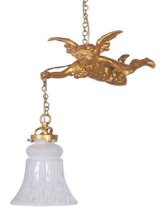 Online India Home Interior Luxury Decorative Fancy Light - Emerald Pendant n Hanging Light - Cast Aluminium Gilded Cherub Classic Hanging Light with Embossed Bell Glass Shade
