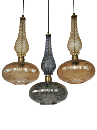 Online India Home Interior Luxury Decorative Fancy Light - Emerald Pendant Light - Moroccan 25 Inch Wide Triple-Light Glass Pendant Ceiling Hanging With Smoky & Luster Ribbed Glass Globe Shades