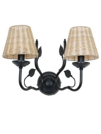 Online India Home Interior Luxury Decorative Fancy Light - Emerald Wall Light - Black Italian Dual-Light 12 Inch Steel Wall Lamp Light With Tapered Beige Cane Shade