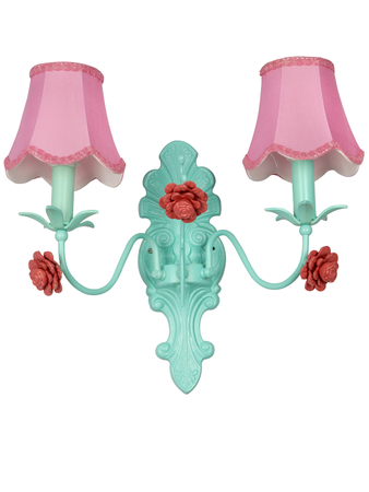 Online India Home Interior Luxury Decorative Fancy Light - Emerald Wall Light - Green 12 Inch Transitional Beach House Dual-Light Steel Wall Lamp With Pink Scallop Bell Fabric Shades