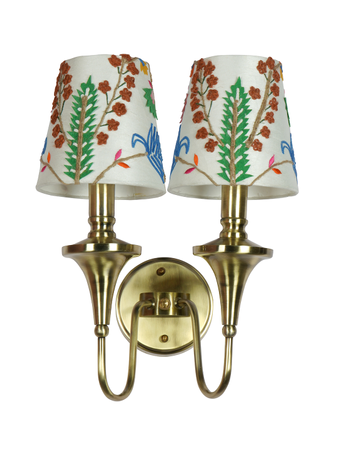 Online India Home Interior Luxury Decorative Fancy Light - Emerald Wall Light - Gold Transitional 16 Inch Brass Double Wall Lamp Light With White Embroidered Fabric Shades