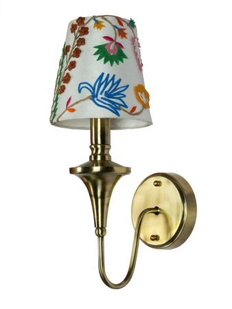 Online India Home Interior Luxury Decorative Fancy Light - Emerald Wall Light - Gold Transitional 16 Inch Brass Single Wall Lamp Light With White Embroidered Fabric Shade