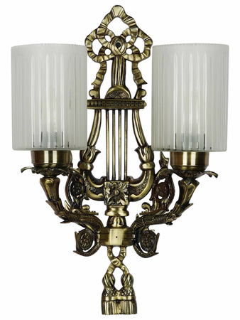 Online India Home Interior Luxury Decorative Fancy Light - Emerald Wall Light - Gold Dual Lights Antique Lyre Aluminium Wall Sconce With Vertical Striped Cylindrical Cut Glass Shades