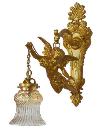 Online India Home Interior Luxury Decorative Fancy Light - Emerald Wall Light - Cast Aluminium Gilded Cherub Wall Sconce with Lustrous Amber Glass Shade