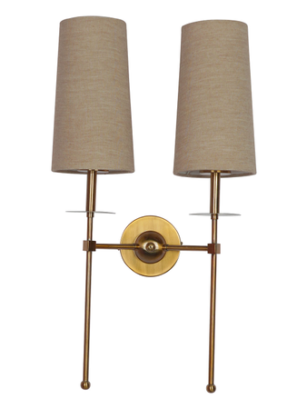 Online India Home Interior Luxury Decorative Fancy Light - Emerald Wall Light - Modern Long Arms Antique Gold Double Wall Light with Beige Fabric Shades