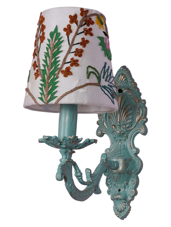 Online India Home Interior Luxury Decorative Fancy Light - Emerald Wall Light - Distressed Green Cast Aluminium Small Wall Sconce with Floral Embroidery White Fabric Shade