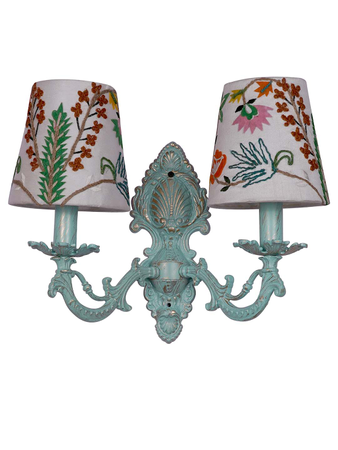 Online India Home Interior Luxury Decorative Fancy Light - Emerald Wall Light - Distressed Green Cast Aluminium Small 2 Lights Wall Sconce with Floral Embroidery White Fabric Shades