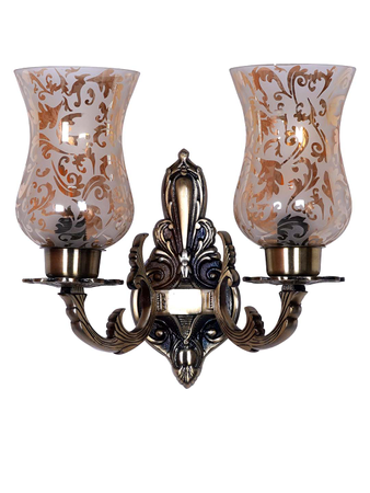 Online India Home Interior Luxury Decorative Fancy Light - Emerald Wall Light - Traditional Meena Antique Brass 2 Light Wall Sconce with Golden Etched Glasses