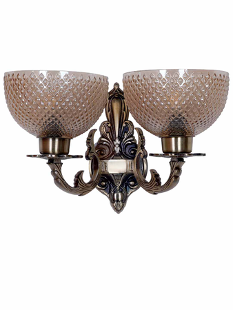 Online India Home Interior Luxury Decorative Fancy Light - Emerald Wall Light - Traditional Meena Aluminium 2 Lights Bowl Shaped Wall Sconce In Antique Brass Finish & Golden Textured Glass Shade