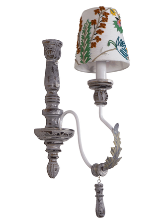 Online India Home Interior Luxury Decorative Fancy Light - Emerald Wall Light - Parisian Distressed Grey Single Light Wooden Wall Sconce with Dainty Embroidered Shades