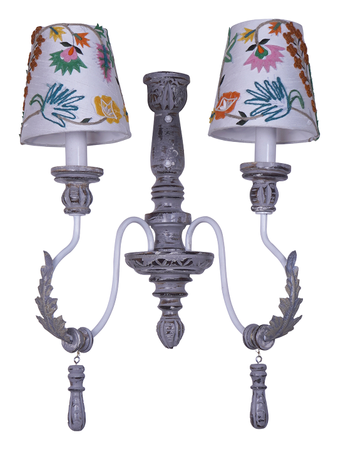 Online India Home Interior Luxury Decorative Fancy Light - Emerald Wall Light - Parisian Distressed Grey 2 Light Wooden Wall Sconce with Dainty Embroidered Shades