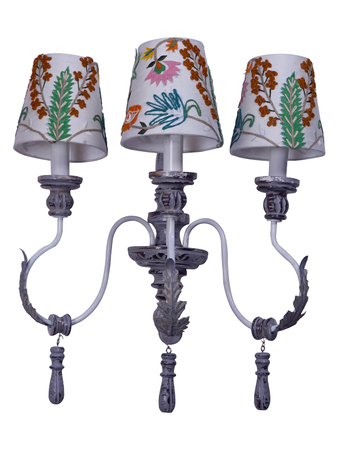 Online India Home Interior Luxury Decorative Fancy Light - Emerald Wall Light - Parisian Distressed Grey 3 Light Wooden Wall Sconce with Dainty Embroidered Shades