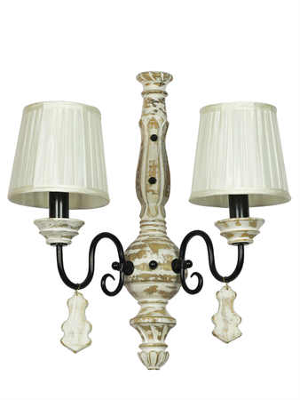 Online India Home Interior Luxury Decorative Fancy Light - Emerald Wall Light - French White Distressed Wooden Double Lights Rustic Candelabra Wall Sconce with 6 Inch Pleated Fabric Shades