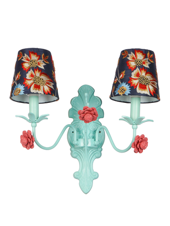 Online India Home Interior Luxury Decorative Fancy Light - Emerald Wall Light - Green Transitional Beach House 17 Inch Double-Light Steel Wall Light Lamp With Hand-Embroidered Blue Fabric Shades