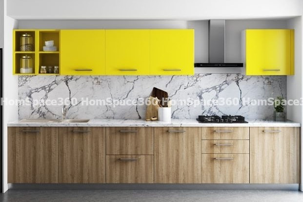 Nexa - Straight Line Modular Kitchen Design in Brown & Yellow with Membrane Laminate  Veneer Finish Options - HSV-SLK-1004