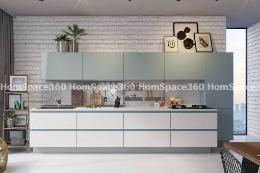 Nexa - Straight Line Modular Kitchen Design in Sky Blue & White with Membrane Laminate  Acrylic Lacquered Glass Finish Options - HSV-SLK-1005