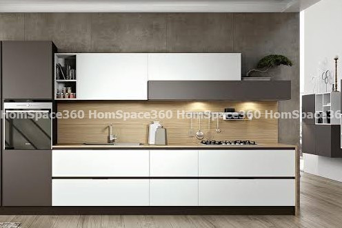 Nexa - Straight Line Modular Kitchen Design in Brown & White with Membrane Laminate  Acrylic Lacquered Glass Finish Options - HSV-SLK-1006