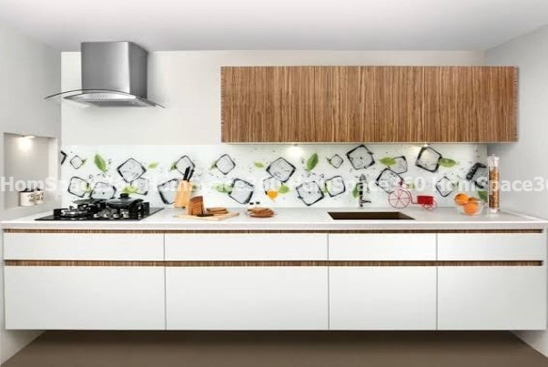 Nexa - Straight Line Modular Kitchen Design in White & TeaK with Membrane Laminate  Veneer Finish Options - HSV-SLK-1010
