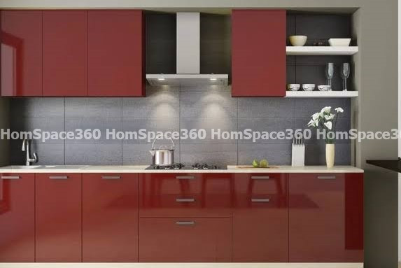 Nexa - Straight Line Modular Kitchen Design in Wine Red with Membrane Laminate  Acrylic Lacquered Glass Finish Options - HSV-SLK-1012