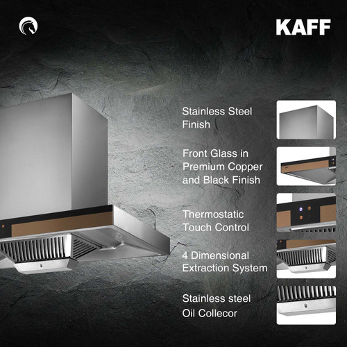 Kaff - VIOLA DHC 90 - Front Glass in Premium Copper and Black - Filter-Less + Dry Heat Auto Clean Technology - Chimney