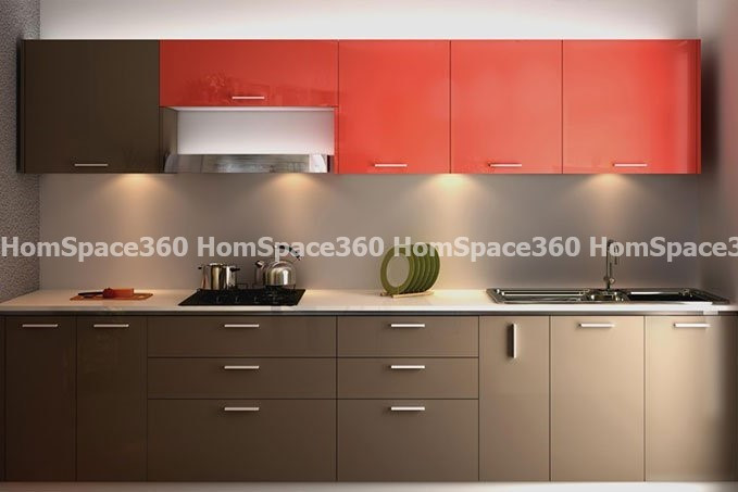 Nexa - Straight Line Modular Kitchen Design in Red & Brown with Membrane Laminate  Acrylic Lacquered Glass Finish Options - HSV-SLK-1022