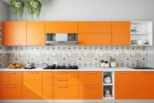 Nexa - Straight Line Modular Kitchen Design in Orange with Membrane Laminate  Acrylic Lacquered Glass Finish Options - HSV-SLK-1019
