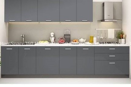 Nexa - Straight Line Modular Kitchen Design in Light Grey with Membrane Laminate  Acrylic Lacquered Glass Finish Options - HSV-SLK-1014